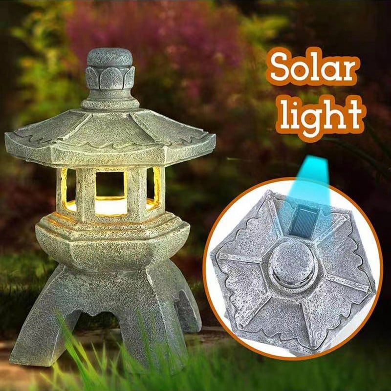 Kreatívna živicová solárna lampa, palácové lampy, veža, socha, nádvorie, zenová dekorácia, ozdoby, solárna záhradná pagoda, lampáš