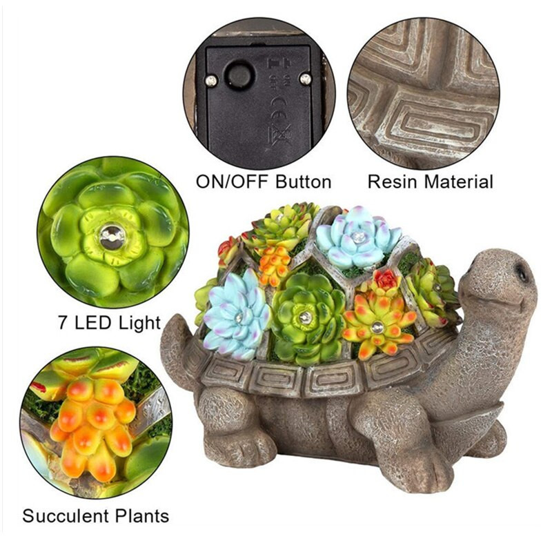 Saulės vėžlio statula, sodo puošmena 6 LED šviestuvai, lauko dekoro sodo vėžlio figūrėlė, skirta terasai balkonui kiemui įkurdinimo dovana