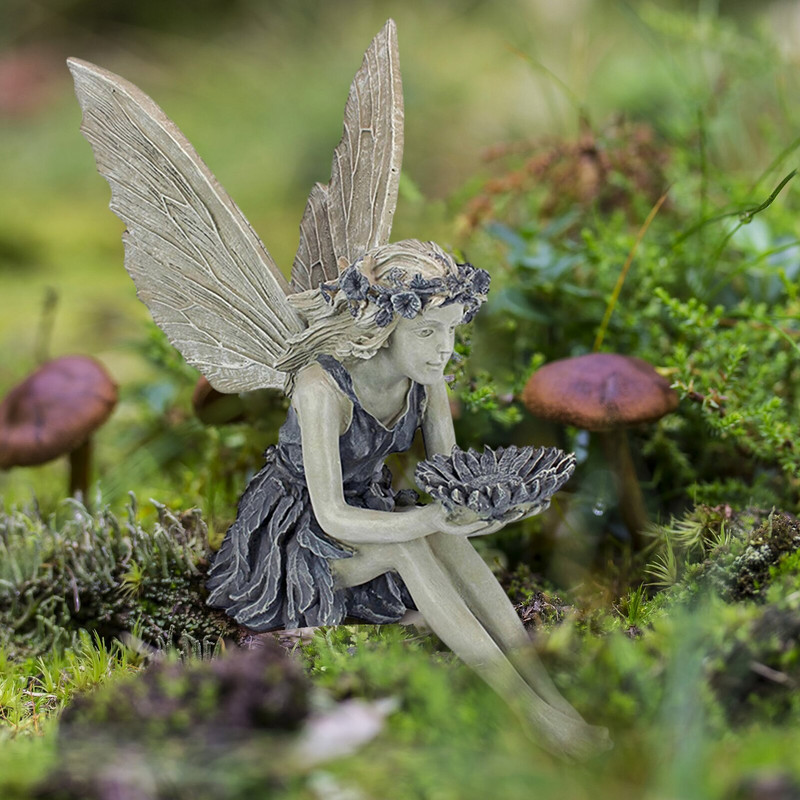 Sodo meno puošmena Fėja Elfas, laikanti Suower statulą Ornamentas Paukščių lesyklėlė Derva Amatai Kraštovaizdžio kūrimas Kiemo dekoro priedai