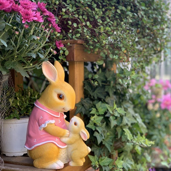 Ποιμενική Ροζ Μητέρα Παιδί Κουνέλι Ρητίνη Στολισμοί Κήπος Αυλή Γλυπτό Χειροτεχνία Εξωτερική Βεράντα Φιγούρες Μπαλκόνι Διακόσμηση