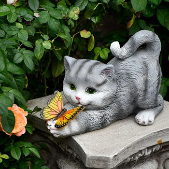 Слънчева светлина, смола, котка, статуя на пеперуда, водоустойчива животинска скулптура, външна градина, декорация на двор, пейзажна лампа, подарък 24x11x15cm