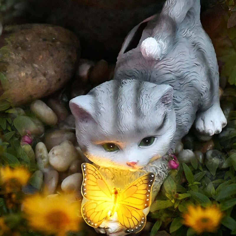 Saulės šviesos derva katės drugelio statula vandeniui atspari gyvūnų skulptūra lauko sodo kiemo dekoracija kraštovaizdžio lempa dovana 24x11x15cm