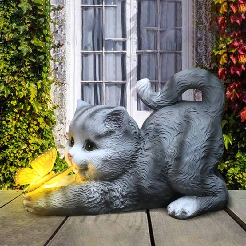Saulės šviesos derva katės drugelio statula vandeniui atspari gyvūnų skulptūra lauko sodo kiemo dekoracija kraštovaizdžio lempa dovana 24x11x15cm
