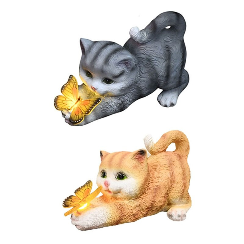 Saulės šviesos derva katės drugelio statula vandeniui atspari gyvūnų skulptūra lauko sodo kiemo dekoracija kraštovaizdžio lempa dovana 24x11x15cm