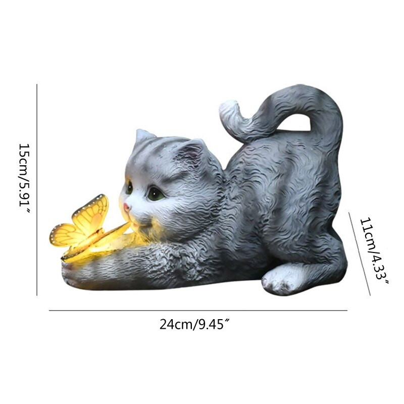 Saulės šviesos derva katės drugelio statula vandeniui atspari gyvūnų skulptūra lauko sodo kiemo dekoracija kraštovaizdžio lempa dovana 24x11x15cm