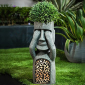 No See/Hear/Speak Evil Garden Veľkonočný ostrov Socha Kvetináč s LED Svetlom Socha Kvetináč Vonkajšia Dekorácia Dvorku Terasa