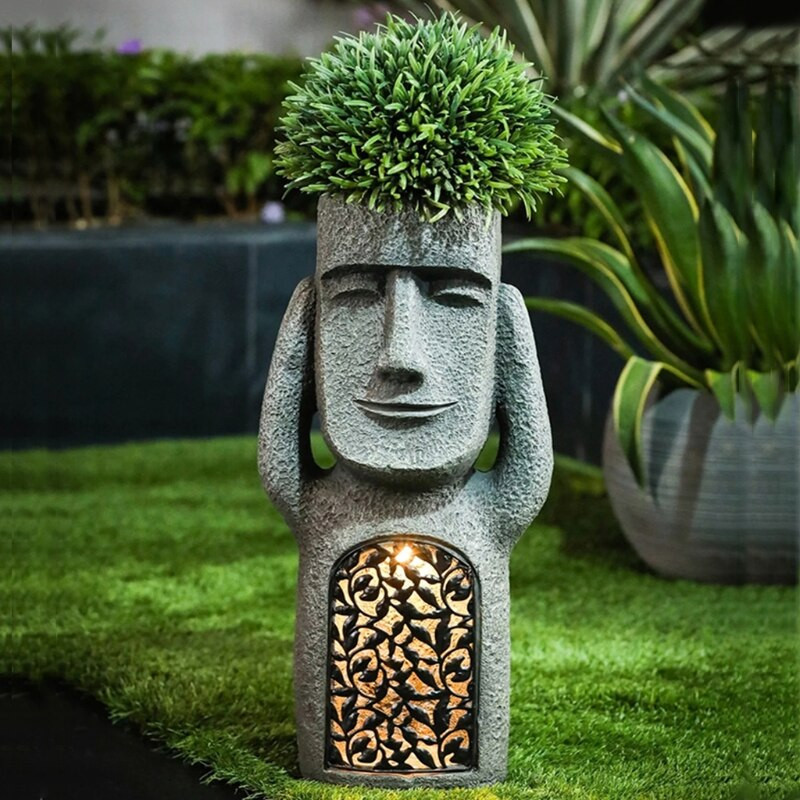 No See/Hear/Speak Evil Garden Veľkonočný ostrov Socha Kvetináč s LED Svetlom Socha Kvetináč Vonkajšia Dekorácia Dvorku Terasa