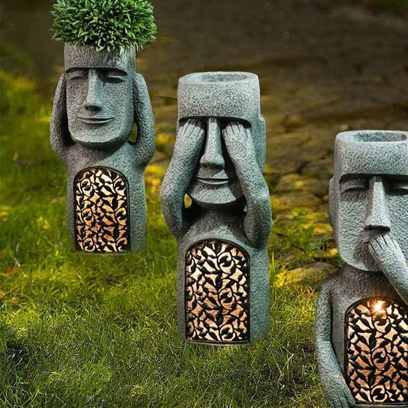 No See/Hear/Speak Evil Garden Veľkonočný ostrov Socha Kvetináč s LED Svetlom Socha Kvetináč Vonkajšia Dekorácia Dvorku Terasa