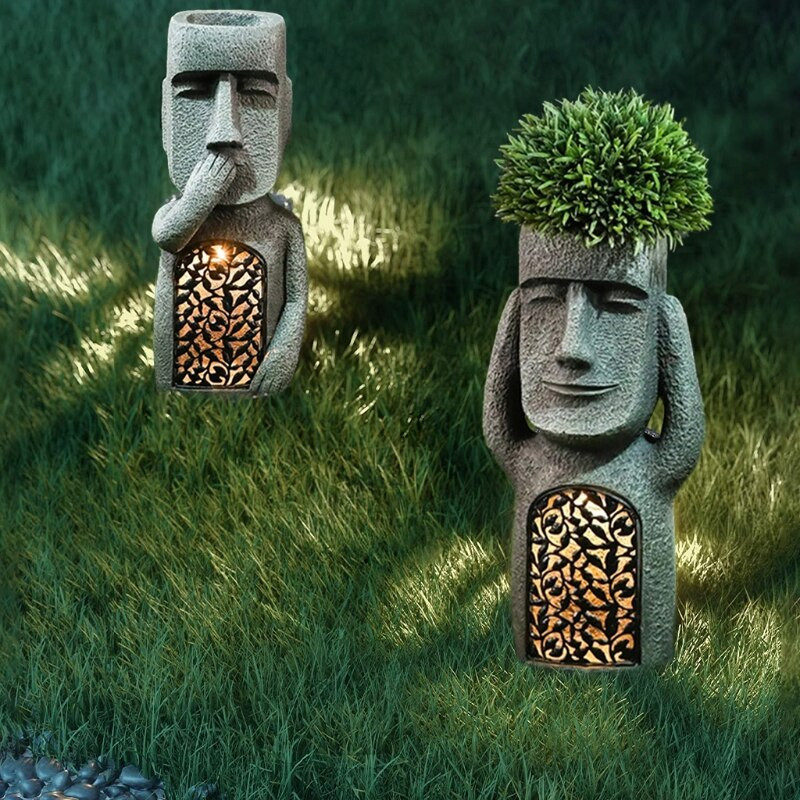 No See/Hear/Speak Evil Garden Veľkonočný ostrov Socha Kvetináč s LED Svetlom Socha Kvetináč Vonkajšia Dekorácia Dvorku Terasa
