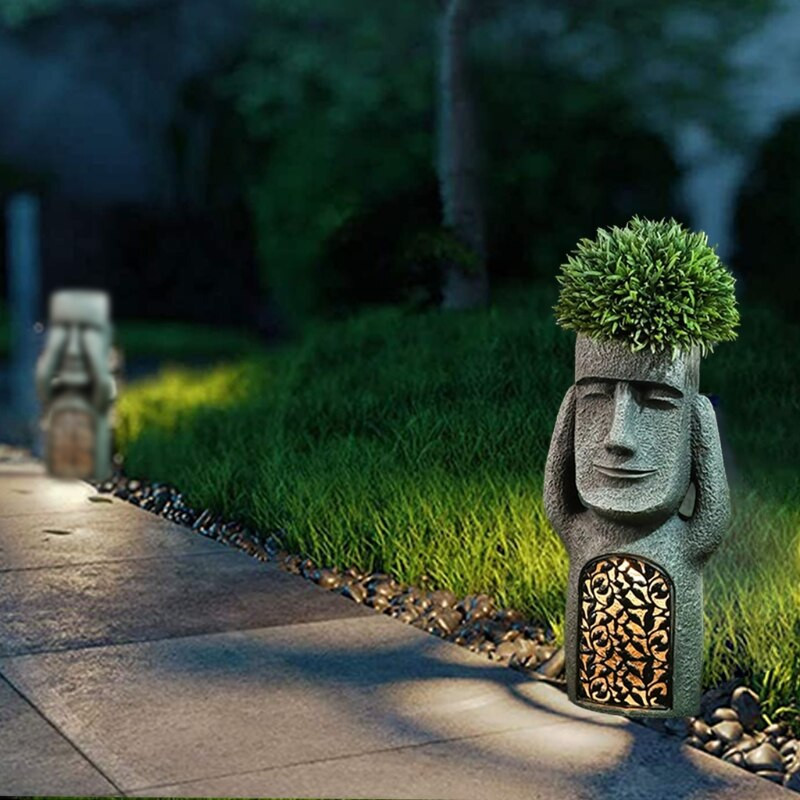 No See/Hear/Speak Evil Garden Veľkonočný ostrov Socha Kvetináč s LED Svetlom Socha Kvetináč Vonkajšia Dekorácia Dvorku Terasa