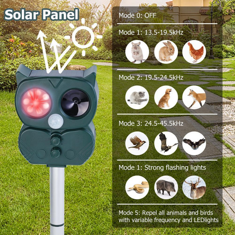 Saulės sodo sodo paukščių atbaidiklis Ultragarsinis gyvūnų pelės dekoravimas sodo atbaidymo atbaidiklis B7a5