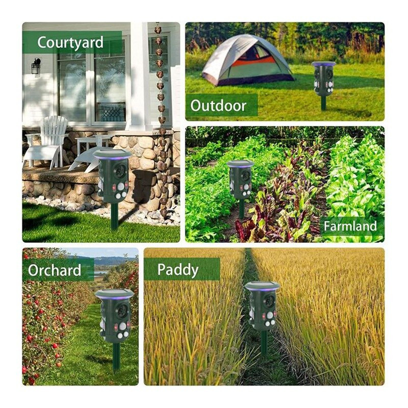 Ultragarsinis gyvūnų atbaidiklis, saulės gyvūnų atbaidymo priemonė su judesio jutikliu, vandeniui atspari plėšrūno akis šunims, katėms, kenkėjams, meškėnams ir kt.