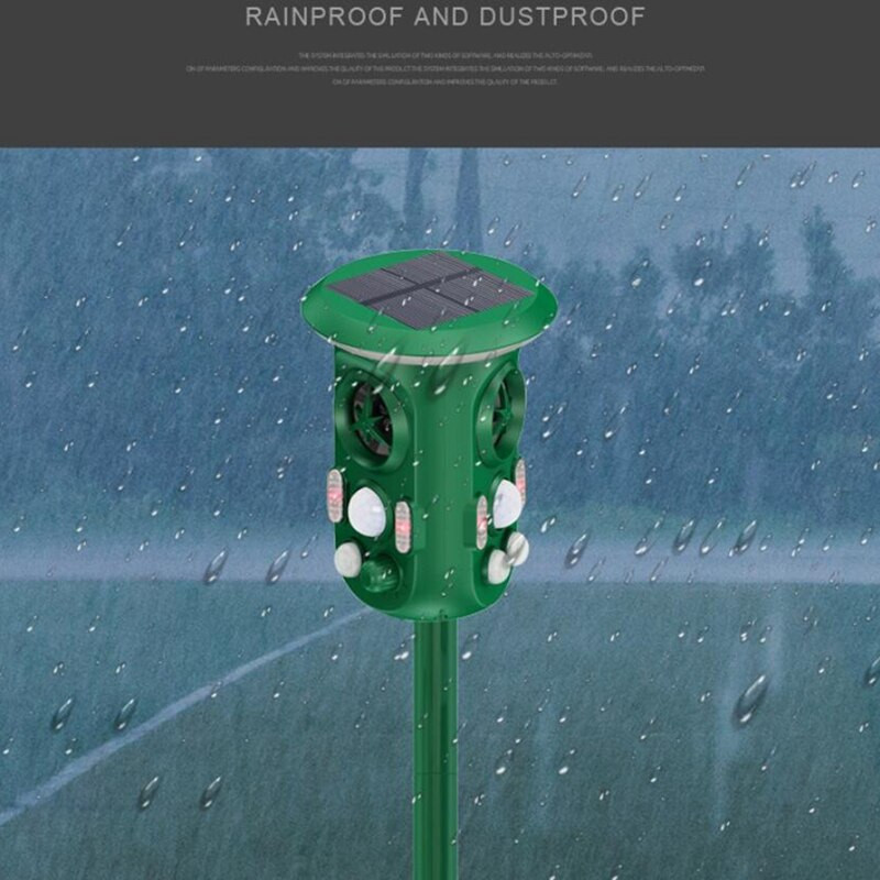 Ultrazvukový odpudzovač zvierat, solárny odpudzovač zvierat so senzorom pohybu, vodotesný predátorský odpudzovač pre psov, mačky, škodcov, mývaly a podobne.