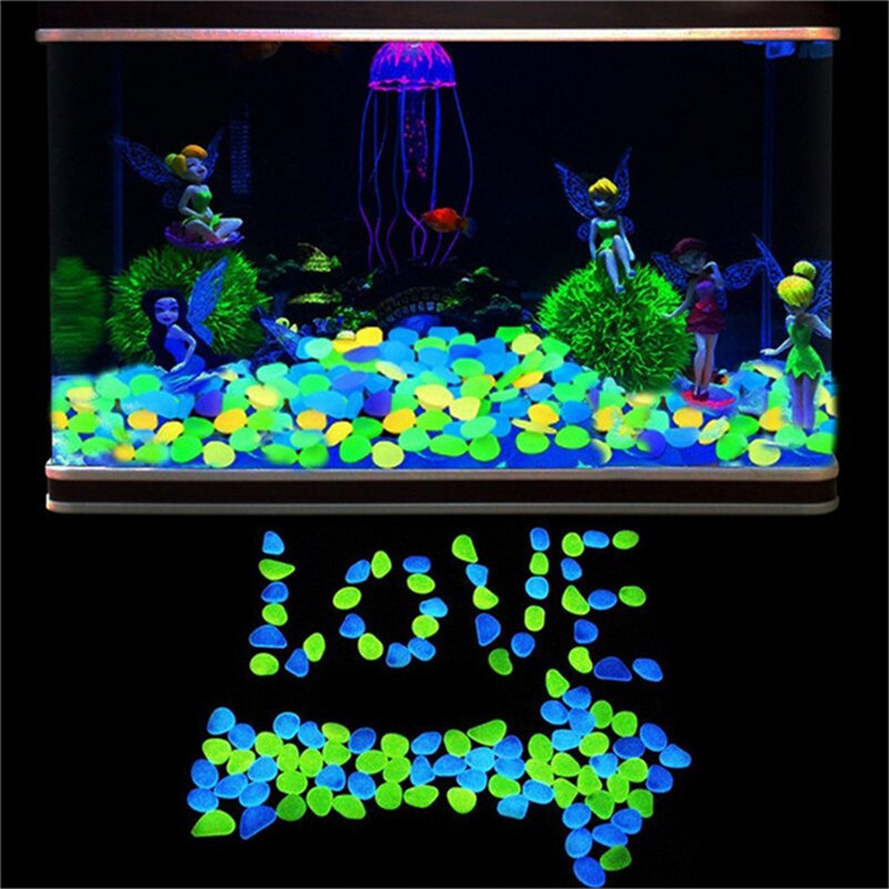 100 vnt šviečiančių akmenukų fluorescencinių žvyro akmenų tamsoje šviečiančių sodo kiemo dekoracijoms, šviečiančioms žuvų akvariume