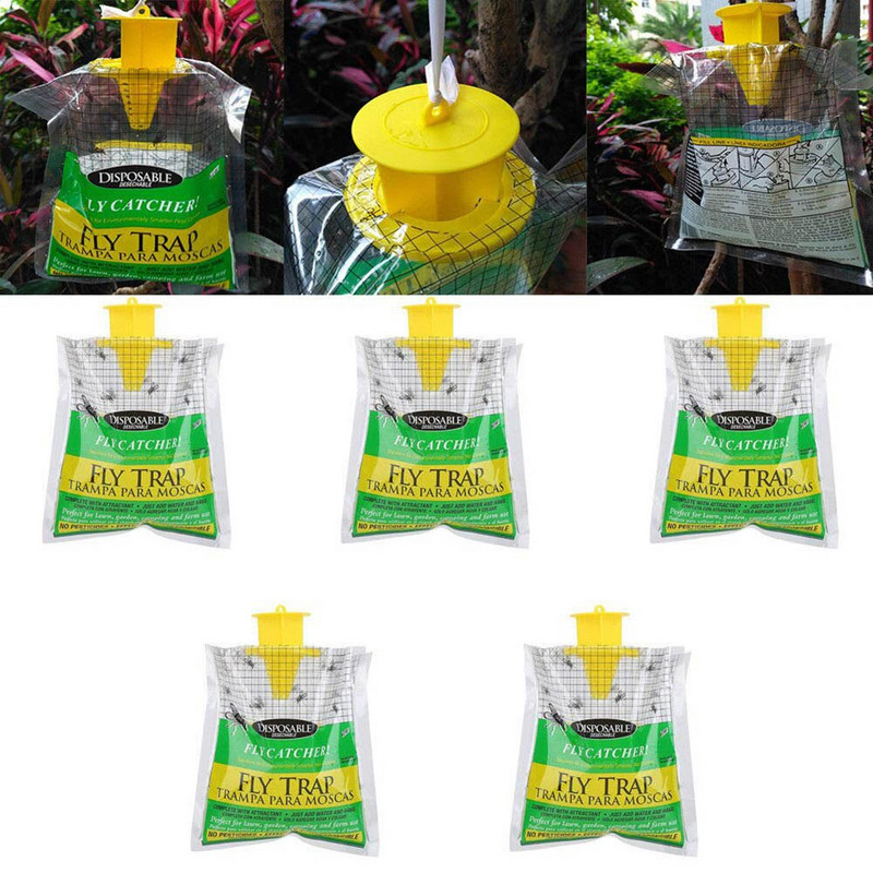 5 vnt. vienkartinis musių gaudyklė, netoksiška lauko vabzdžių žudiklio gaudyklės maišelis, vandenyje tirpus masalo milteliai, pakabinamas lauke