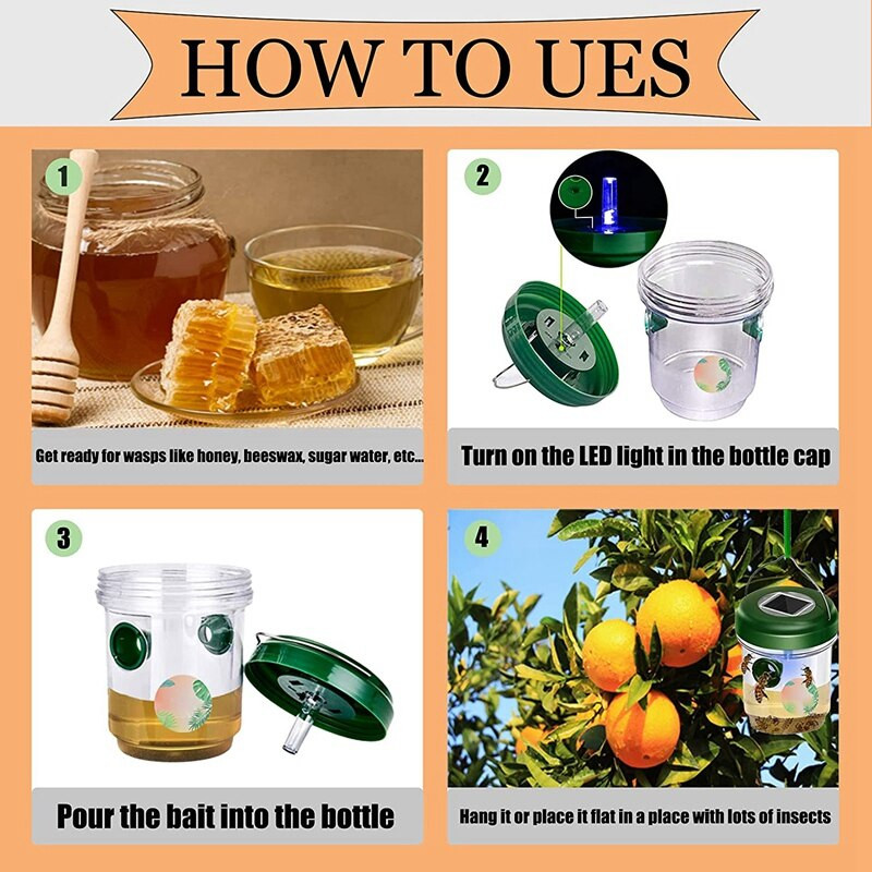 2-balenie solárnych pascí na osy, vonkajšie zavesné, opakovane použiteľné pasce na osy so svetlom pre pasce na včely a sršne Yellow Jackets