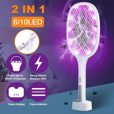 3000V електрическа ракета за мухи USB акумулаторна с база за зареждане Mosquito Bug Zapper Fly Swatter Killer с UV светлина за спалня