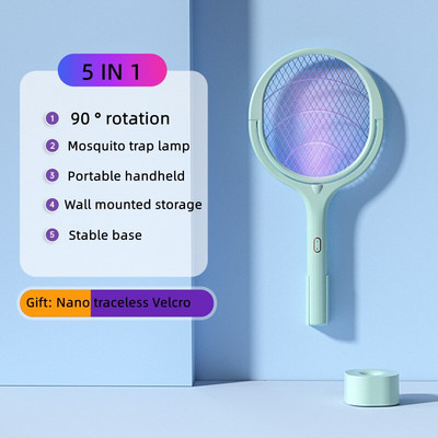 5 viename atnaujinimas Mosquito Swatter kampas, pasukamas USB įkraunamas 1200 mAh uodų žudymo lempa Reguliuojama elektrinė bug Zapper Fly