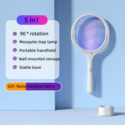5 viename atnaujinimas Mosquito Swatter kampas, pasukamas USB įkraunamas 1200 mAh uodų žudymo lempa Reguliuojama elektrinė bug Zapper Fly