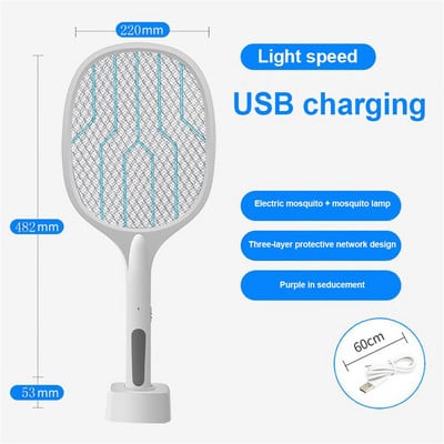 Nabíjateľná elektrická plácačka na komáre 2 v 1 s USB, zabíjačka komárov 2700V LED s UV lampou, protihmyzová raketa proti muchám