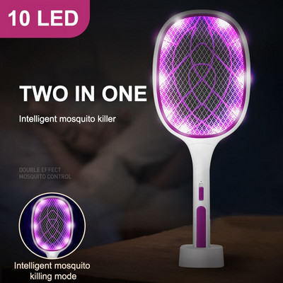 Две в едно 10 LED UV капан Mosquito Killer Racket 3000V Electric Bug Zapper USB Charging Summer Fly Swatter Trap Flies Insect