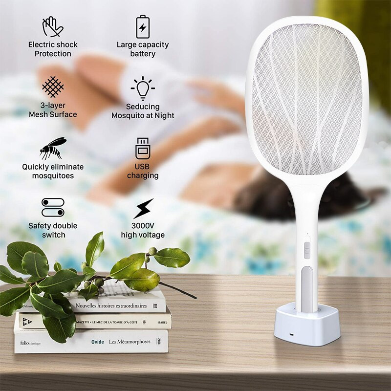 3000 V elektrinis musės svaidytojo raketė, USB įkraunama su įkrovimo baze, uodų naikintuvas su 3 sluoksnių jutikliniu tinkleliu