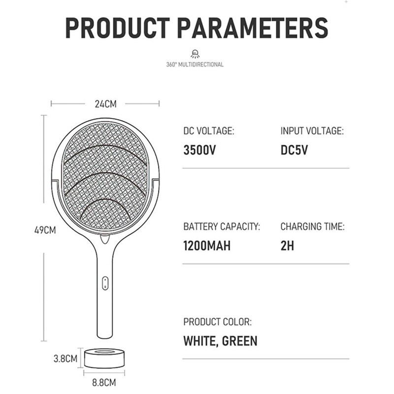 3500V Mosquito Zapper Mosquito Racket Акумулаторна електрическа буболечка Външен ъгъл Регулируем капан за буболечки Uv светлина Fly Killer