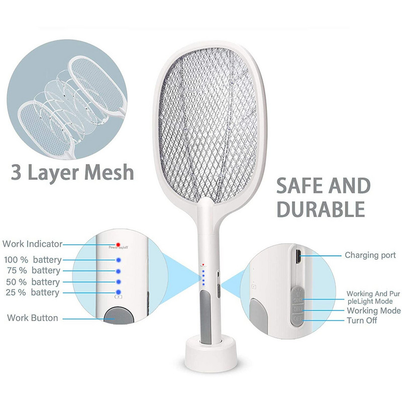 Rankinė elektrinė raketė nuo uodų, USB įkraunama skraidyklė, 2 viename, sulaikanti elektros smūgį Pat Killer uodų lempa