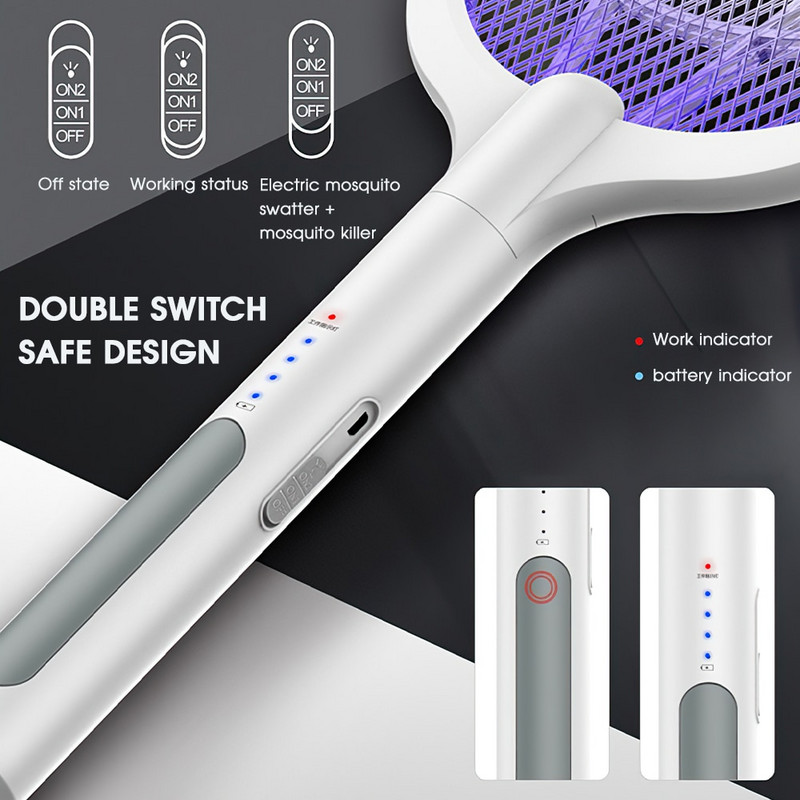 Fly Swatter uodų vabzdžių žudikas 6 LED lempa, uodų gaudyklė, 3000 V elektrinė raketė, vabzdžių gaudyklė, USB įkraunamas musių gaudyklė