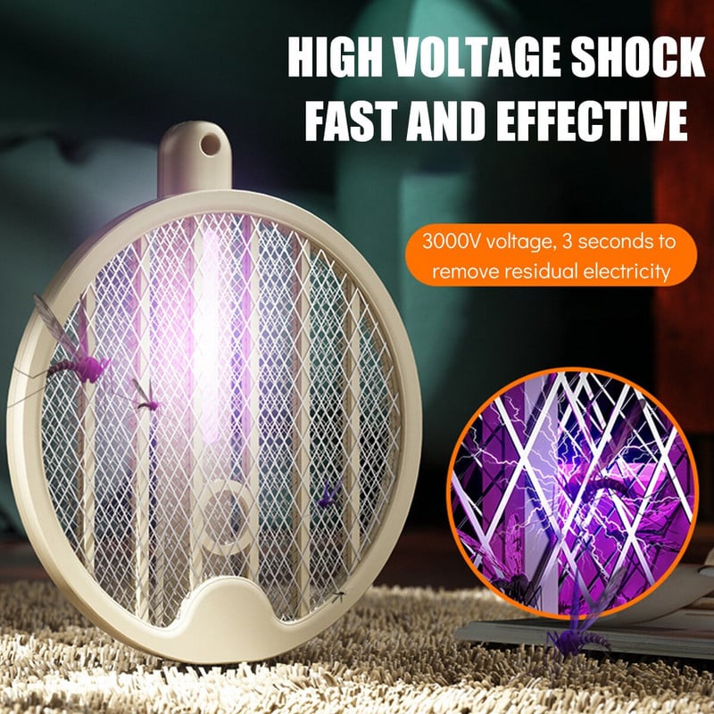 Rachetă electrică pentru ucigaș de țânțari 2 în 1 pentru insecte 3000V Lampă pentru uciderea țânțarilor, reîncărcabilă prin USB Liliac pliabil