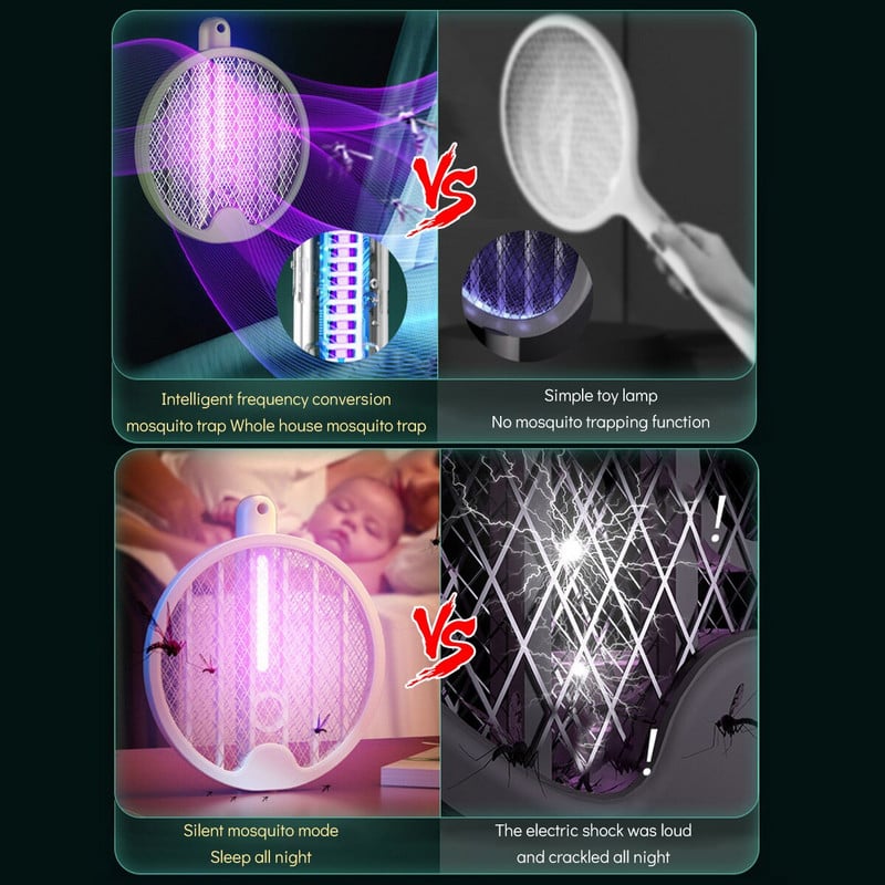 Rachetă electrică pentru ucigaș de țânțari 2 în 1 pentru insecte 3000V Lampă pentru uciderea țânțarilor, reîncărcabilă prin USB Liliac pliabil