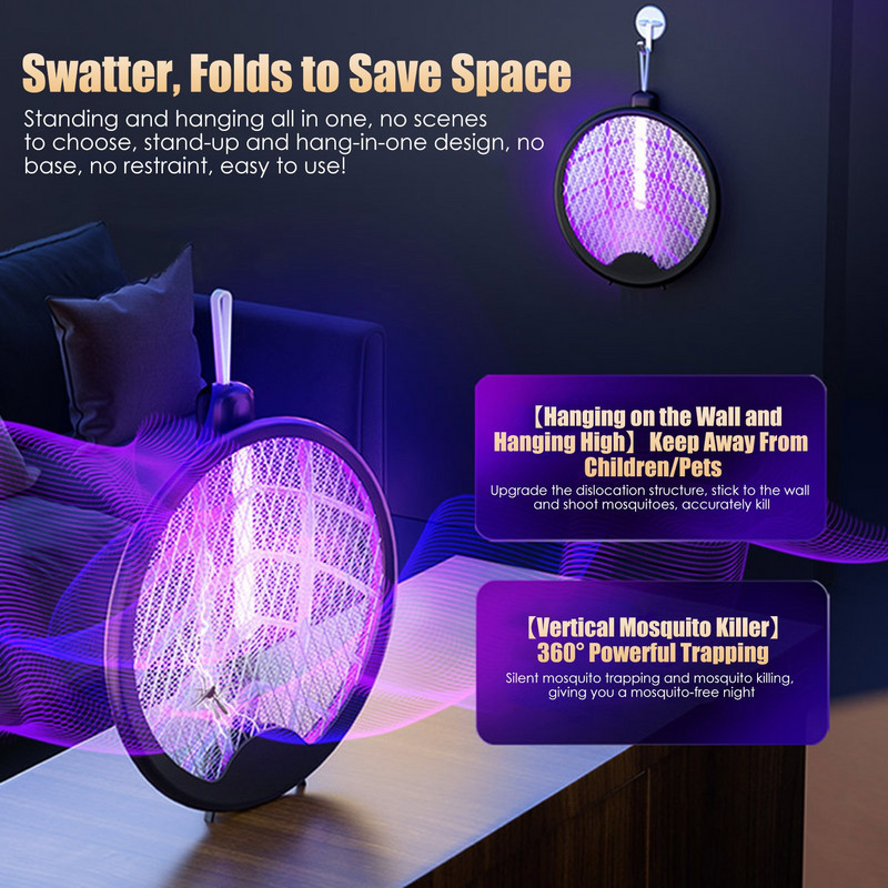 Elektrický zabijak proti komárom, plácačka na muchy, hmyz, raketa na zapíchnutie, nabíjateľná skladacia ručná okrídlená pálka na hmyz pre vnútorné a vonkajšie použitie