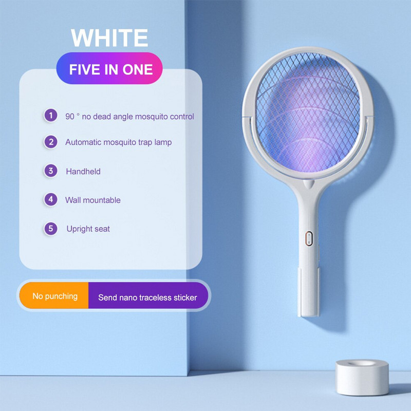 Bug Zapper Rachetă reîncărcabilă 2 în 1 zvârlitor de zburări electric cu lampă pentru capcană țânțari 3500 V de mână sau cap rotativ fără mâini