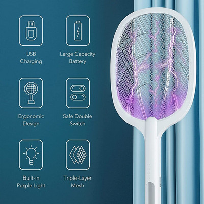 Syezyo 1200 mAh USB taaslaetav elektriline kärbsepüüdja reket, 3000 V Kahjuriputukad kontrollivad lendavaid putukaid, sääskede lõksu