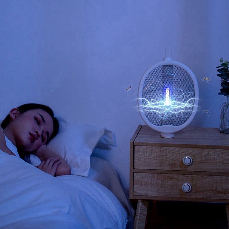 Mucholapka, skladacia, ručná lapačka na komáre, 3000-voltová pasca na hmyz, raketa na lapač much, biela