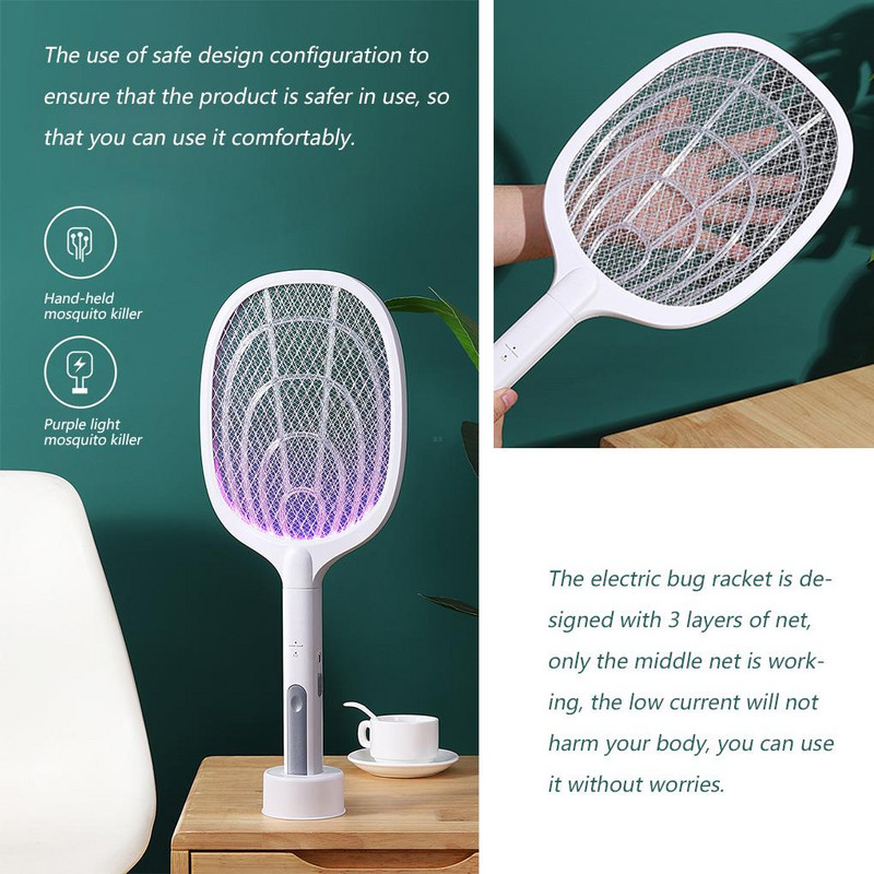 Električni ubojica komaraca od 3000 V, UV svjetlo, muholovka, hvatač komaraca, punjivi reket za lov na insekte, 1200 mAh