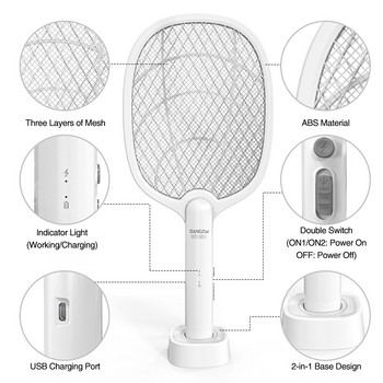 Φορητό ηλεκτρικό Fly Swatter 2-σε-1 3000 V USB Επαναφορτιζόμενο Ηλεκτρικό Fly Catcher Εντομοκτόνο για κουνούπια Flies Bees Moths