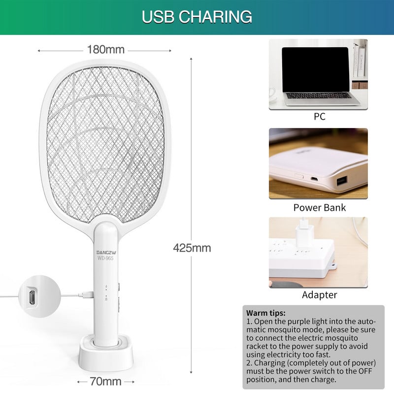 Prenosný elektrický lapač much 2 v 1 3000 V USB nabíjateľný elektrický lapač much, hmyzí lapač na komáre, muchy, včely a mole