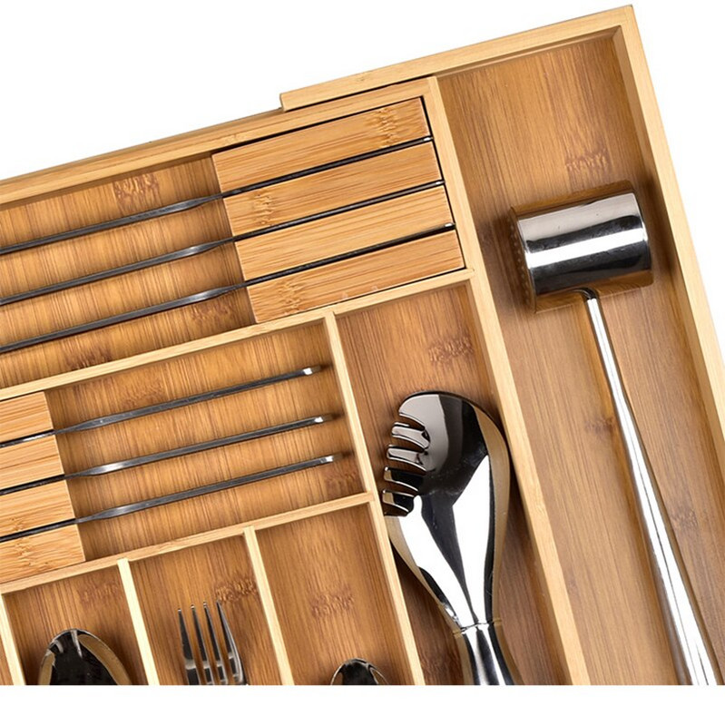 Cutie de depozitare tavă de tacâmuri din bambus de bucătărie, sertare retractabile de depozitare a tacâmurilor, instrumente de bijuterii de bucătărie, organizator de sertar