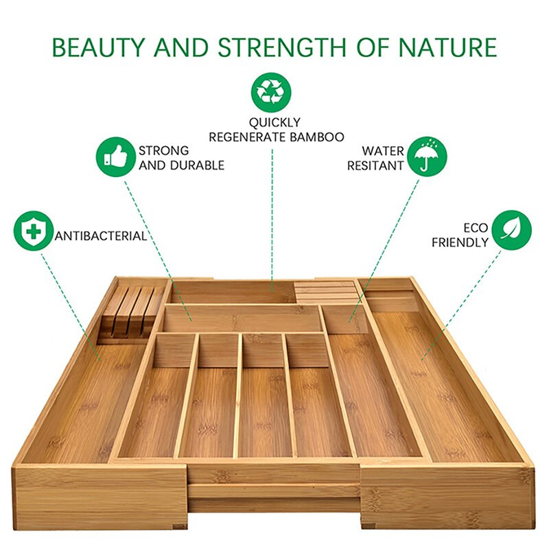 Cutie de depozitare tavă de tacâmuri din bambus de bucătărie, sertare retractabile de depozitare a tacâmurilor, instrumente de bijuterii de bucătărie, organizator de sertar