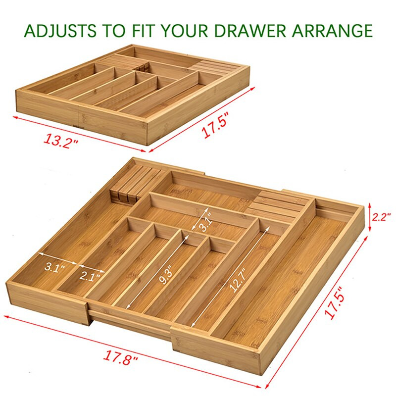 Cutie de depozitare tavă de tacâmuri din bambus de bucătărie, sertare retractabile de depozitare a tacâmurilor, instrumente de bijuterii de bucătărie, organizator de sertar