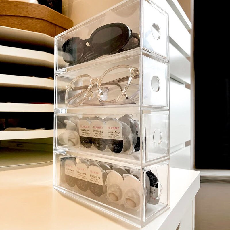 Priehľadná úložná krabica na slnečné okuliare, kozmetické kontakty, stolový organizér, zásuvka, viacbunková zásuvka na šperky