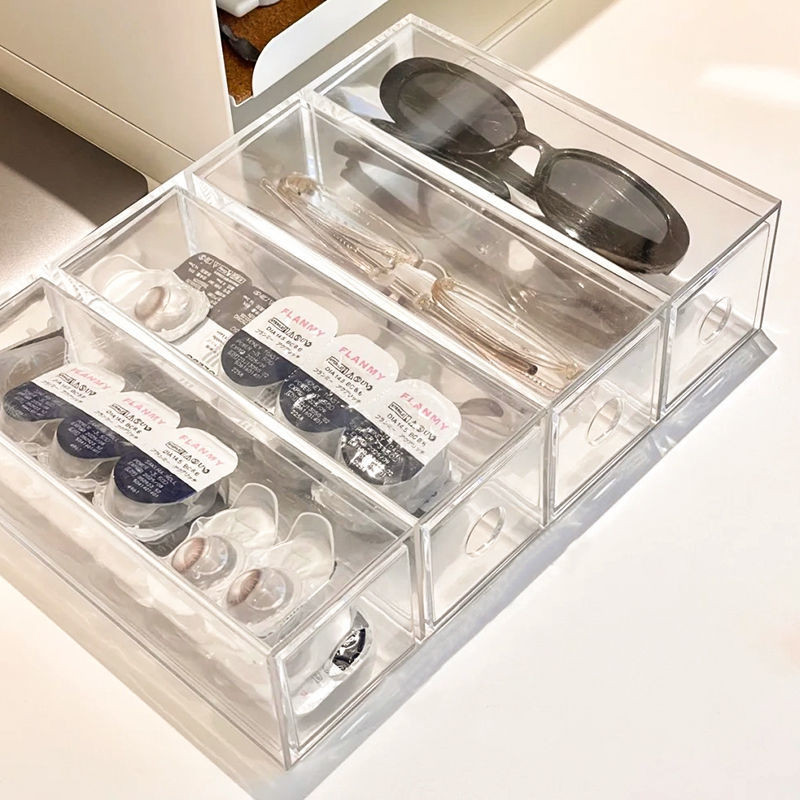 Priehľadná úložná krabica na slnečné okuliare, kozmetické kontakty, stolový organizér, zásuvka, viacbunková zásuvka na šperky