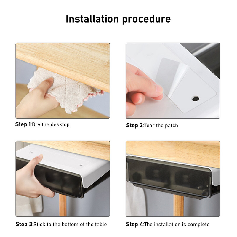 Pašlīmēšanās zem rakstāmgalda atvilktnes uzglabāšanas kastes zīmuļu kancelejas piederumu organizētājs slēptā šķirošanas kaste biroja pildspalvu uzglabāšanas paplātes organizators