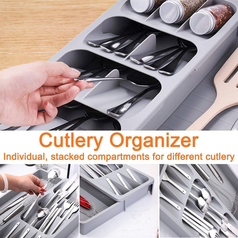 Δίσκος οργάνωσης συρταριών κουζίνας Ασημένια μαχαιροπίρουνα Επεκτάσιμος οργανωτής αποθήκευσης για κράτημα μαχαιροπήρουνων κουτάλια πιρούνια