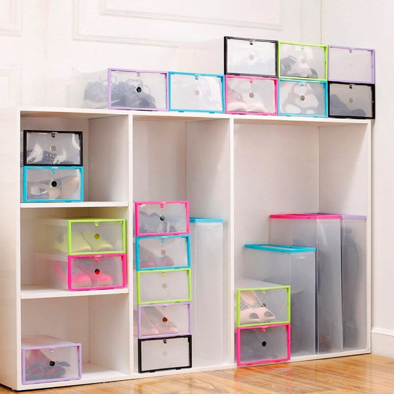 Skladacie zásuvkové úložné boxy na topánky, kombinované priehľadné, prenosné, prachotesné, šetriace miesto, farebné boxy na topánky, 6 ks/sada