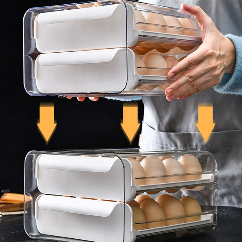 Úložný box na vajcia so zásuvkou, úložný box na chladničku, plastový priehľadný box na knedle, dvojvrstvový zásobník na vajcia pre domácnosť