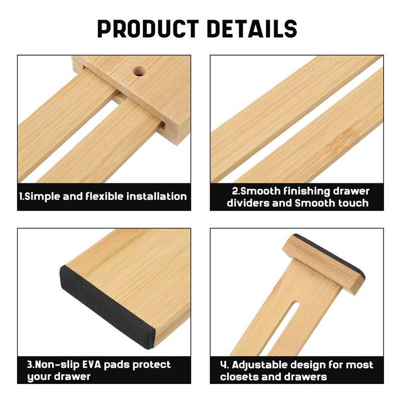 4 ks nastaviteľné bambusové deliace priečky do zásuviek, drevené deliace priečky organizérov, spálňa, detské nastaviteľné bambusové deliace priečky do zásuviek na spodnú bielizeň