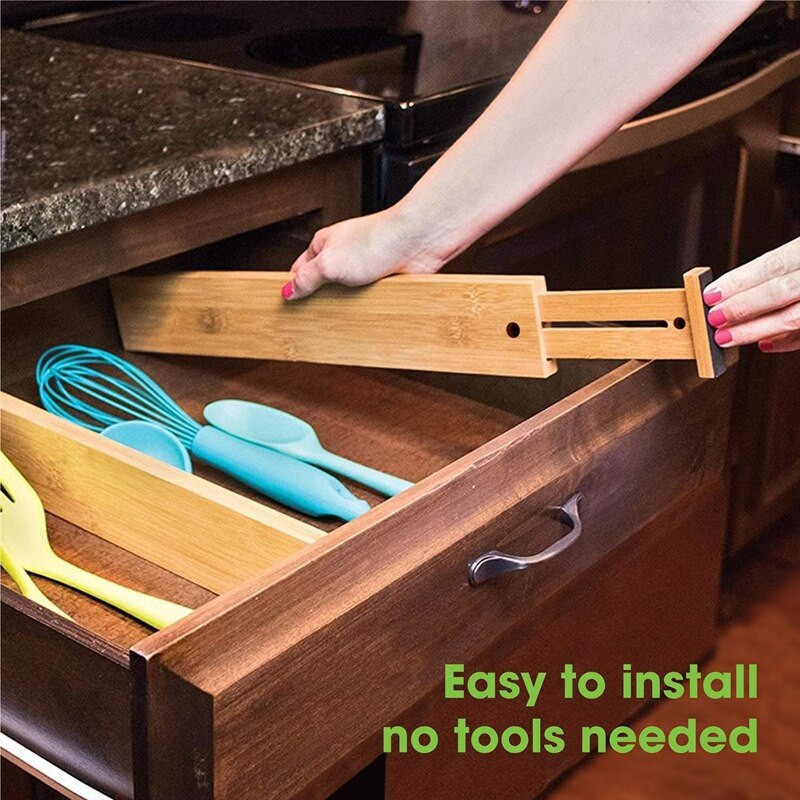 Despărțitor sertar reglabil din bambus 43-56 cm Despărțitor sertar extensibil cu arc, sistem de organizare pentru birou.