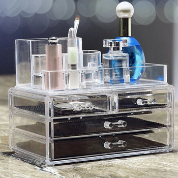Прозрачен акрилен органайзер за козметика за грим Кутия за съхранение с 4 чекмеджета Червила за бижута Витрини Кутии за плот за баня